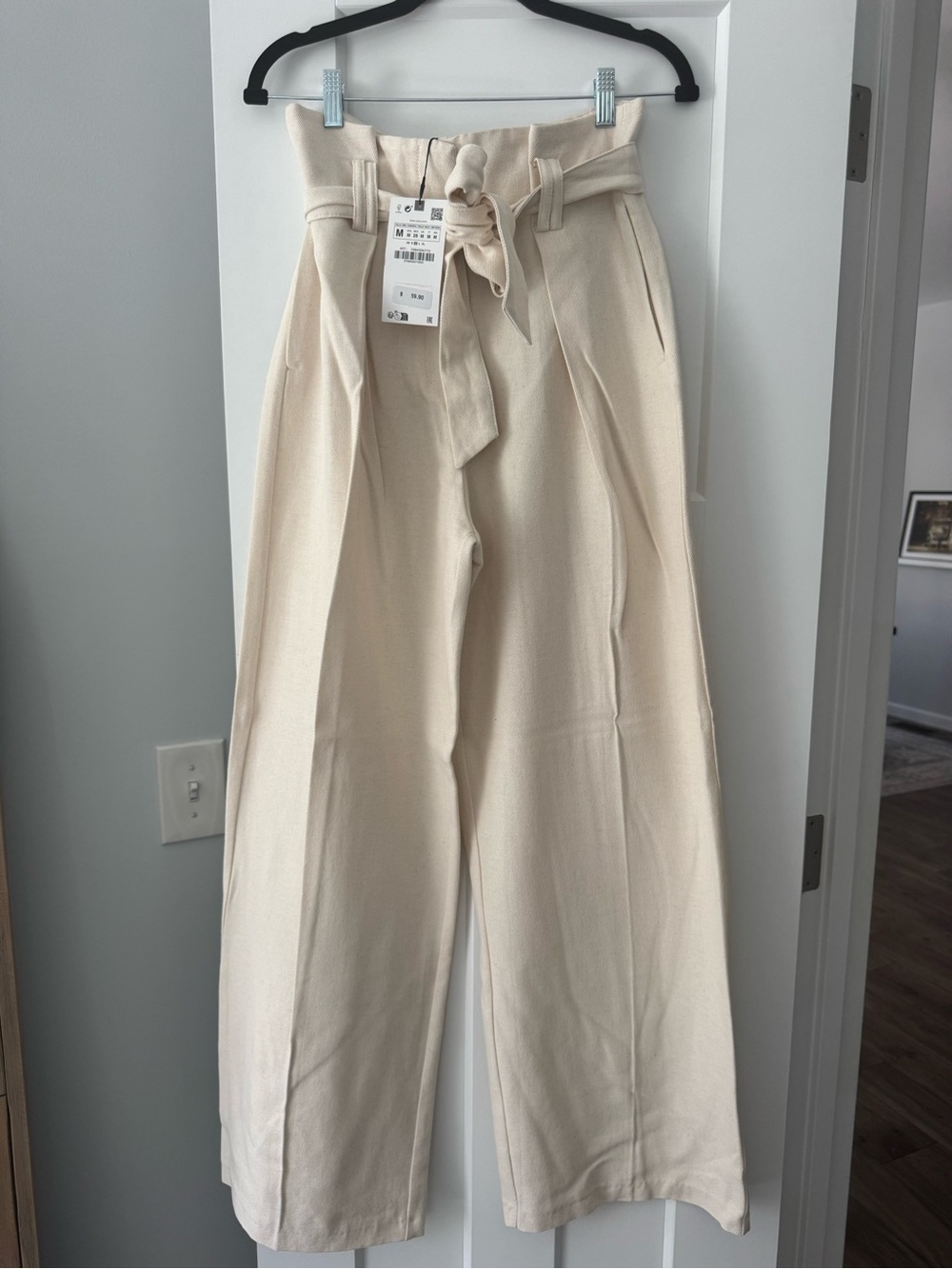 Zara Cream High-Waist Paperbag Wide-Leg Pants with Tie Belt
